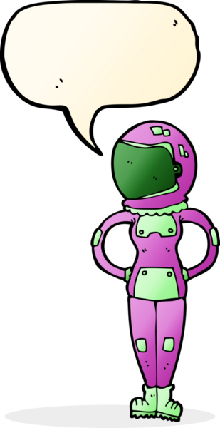 Bir insan tarafından çizilmiş konuşma balonu olan kadın astronot.