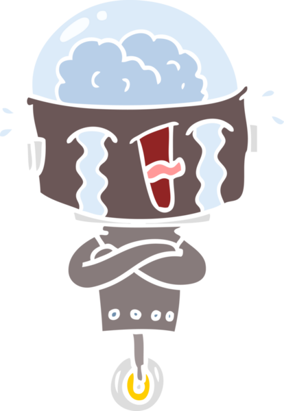 Bir insan tarafından çizilmiş düz renkli karikatür ağlayan robot.