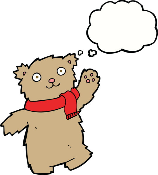 Bir insan tarafından çizilmiş düşünce baloncuklu atkı takan çizgi film ayısı.