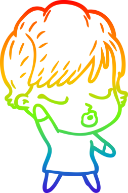 Gökkuşağı gradyan çizgi çizimi bir insan tarafından çizilmiş gözleri olan bir karikatür kadın