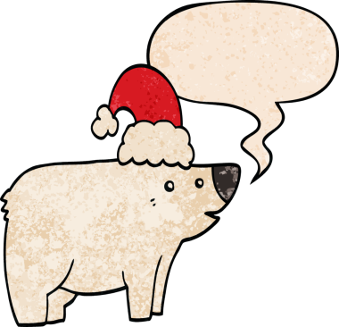 Bir insan tarafından çizilmiş eski moda konuşma baloncuklu Noel şapkası takan çizgi film ayısı.