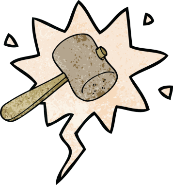 bir insan tarafından çizilmiş, geçmişe dönük konuşma baloncuklu karton çekiç.