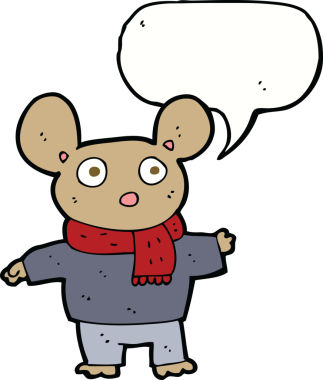 Bir insan tarafından çizilmiş konuşma balonlu kıyafet giymiş çizgi film faresi.