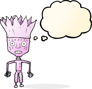 Bir insan tarafından çizilmiş düşünce baloncuklu taç giyen komik çizgi film robotu.