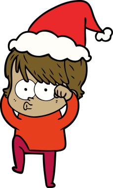 Bir insan tarafından çizilmiş Noel Baba şapkası giyen bir kadının el çizimi.