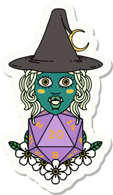 Bir insan tarafından çizilmiş 20 zarlı yarı ork bir cadının çıkartması.