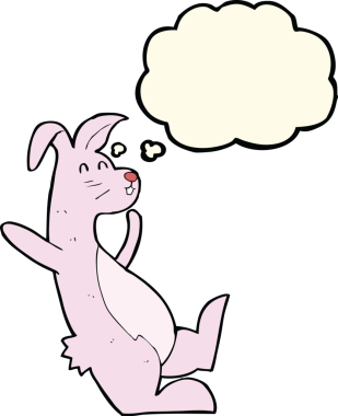 Bir insan tarafından çizilmiş düşünce balonlu pembe tavşancık.