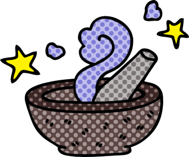 Bir insan tarafından çizilmiş çizgi roman tarzı sihirli tokmak ve havan topu.