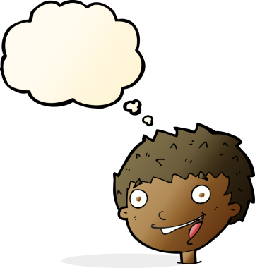 Bir insan tarafından çizilmiş düşünce balonlu gülen çocuk.