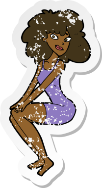 Bir insan tarafından çizilmiş, dertli, karikatürlü, oturan bir kadının etiketi.