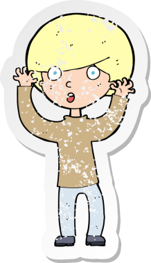 Çizgi filmin gerilimli retro çıkartması bir insan tarafından çizilmiş korkmuş çocuk.