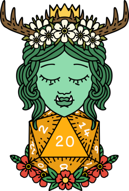 Retro Dövme Biçimi Yarı Ork Druid Bir insan tarafından çizilmiş 20 zar ile