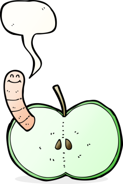 bir insan tarafından çizilmiş konuşma baloncuklu kurtlu çizgi film elması