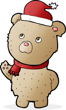 Bir insan tarafından çizilmiş Noel şapkası takan oyuncak ayı çizgi filmi.