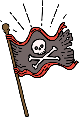 Geleneksel dövme stili bir insan tarafından çizilmiş korsan bayrağının resmi.