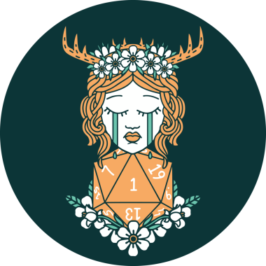 Ağlayan insan Druid ikonu. Bir insan tarafından çizilmiş doğal bir D20 rulosu.