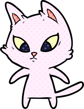 Bir insan tarafından çizilmiş kafası karışmış çizgi film kedisi.