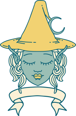 Retro Dövme Biçimi Elf karakteri yüzü bir insan tarafından çizilmiş pankartıyla