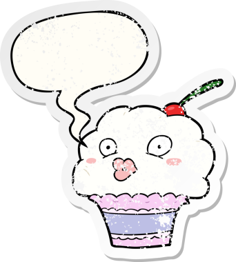 Konuşma balonlu komik çizgi film keki. Bir insan tarafından çizilmiş sıkıntılı eski bir çıkartma.