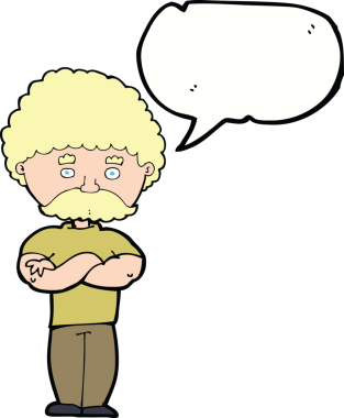 Bir insan tarafından çizilmiş, kolları katlanmış, konuşma balonu olan çizgi film babası.