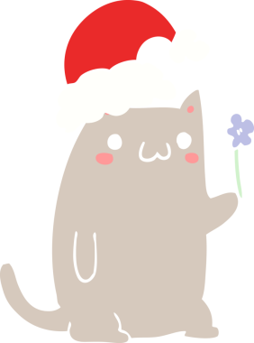 Bir insan tarafından çizilmiş şirin düz renkli çizgi film Noel kedisi.