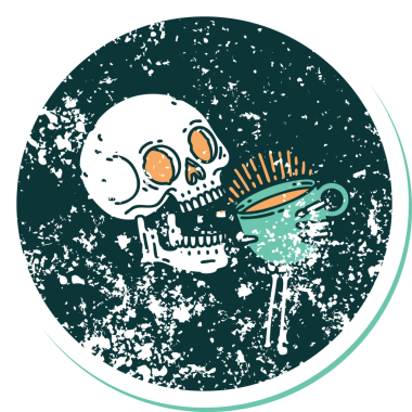 Bir insanın çizdiği kahveyi içen bir kafatasının sembolik dövmeli görüntüsü.