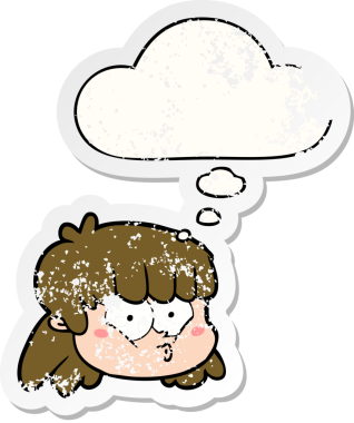 Düşünce baloncuklu karikatür kadın yüzü bir insan tarafından çizilmiş yıpranmış bir çıkartma gibi.