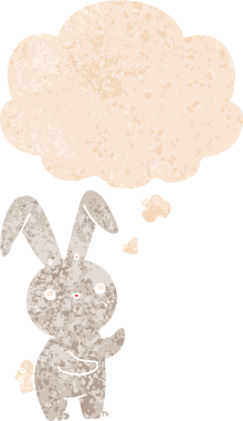 Homurdanan düşünce baloncuğu olan sevimli çizgi film tavşanı bir insan tarafından çizilmiş dertli retro tarzı.