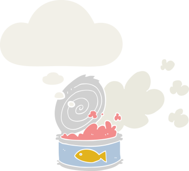 Düşünce baloncuğu olan kokuşmuş balık konservesi insan tarafından çizilmiş.