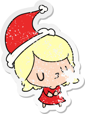 Bir insan tarafından çizilmiş Kawai kızının, sıkıntılı bir Noel çıkartması.