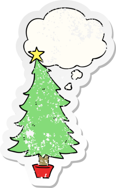 Düşünce baloncuğu olan karikatür Noel ağacı bir insan tarafından çizilmiş yıpranmış bir çıkartma.