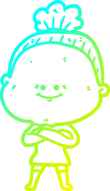 Bir insan tarafından çizilmiş, mutlu, yaşlı bir kadının çizimi.