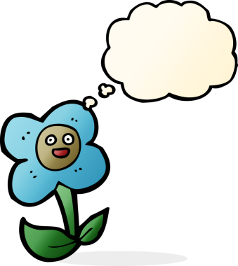 Bir insan tarafından çizilmiş, yüzü düşünce baloncuğu olan karikatür çiçeği.