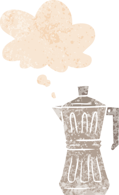 Düşünce baloncuğu olan karikatür espresso imalatçısı grunge sıkıntılı retro dokuma tarzı bir insan tarafından çizilmiş