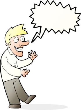 Bir insan tarafından çizilmiş konuşma balonuyla heyecanlı bir adam.