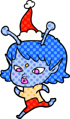 Bir insan tarafından çizilmiş Noel Baba şapkasıyla koşan uzaylı bir kızın güzel el çizimi çizgi roman tarzı çizimi.