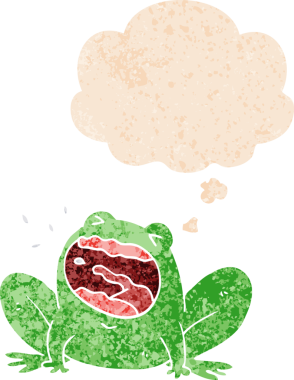 Düşünce baloncuğuyla bağıran karikatür kurbağası bir insan tarafından çizilmiş dertli retro stili.