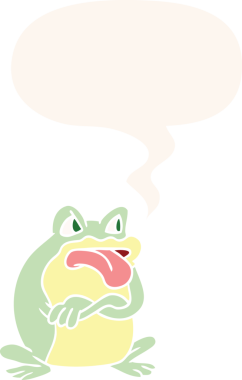 Huysuz karikatür kurbağası. Konuşma baloncuğu retro tarzı bir insan tarafından çizilmiş.