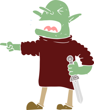 Bir insanın çizdiği bıçaklı düz renkli çizgi film cini.