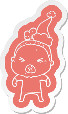 Bir insan tarafından çizilmiş Noel Baba şapkası giyen kızgın yaşlı bir kadının garip karikatür çıkartması.