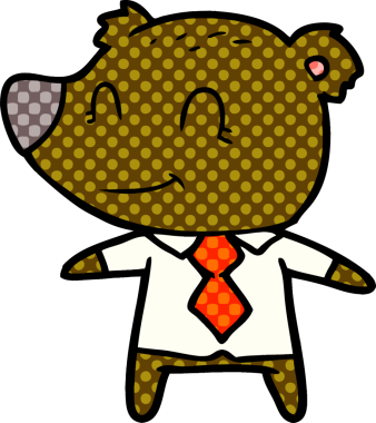 Bir insan tarafından çizilmiş gömlek ve kravatlı çizgi film ayısı.