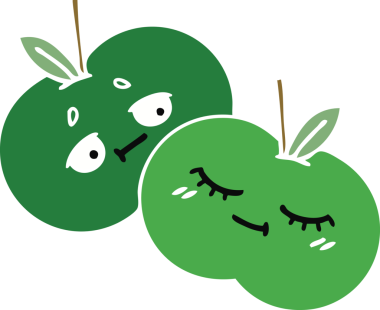 Bir insan tarafından çizilmiş elmaların düz renkli retro karikatürü