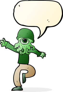 Bir insan tarafından çizilmiş konuşma balonlu uzaylı yaratık adam.