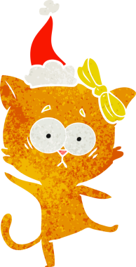 Bir insan tarafından çizilmiş Noel Baba şapkası takan bir kedinin retro karikatürü.