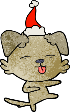 Bir insanın çizdiği Noel Baba şapkasıyla dans eden bir köpeğin el çizimi karikatürü.