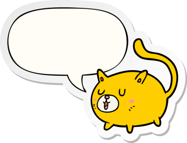 Bir insan tarafından çizilmiş konuşma balonu çıkartmalı mutlu kedi çizgi filmi.