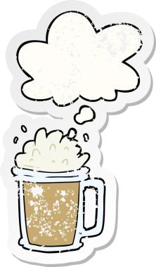 Düşünce baloncuklu çizgi film birası bir insan tarafından çizilmiş yıpranmış bir çıkartma.