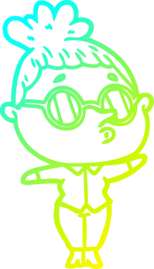 Bir insan tarafından çizilmiş gözlük takan çizgi film kadını çizimi.