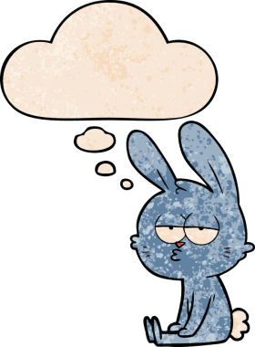 Bir insan tarafından çizilmiş grunge desenli düşünce baloncuklu şirin çizgi film tavşanı.