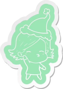 Bir insan tarafından çizilmiş Noel Baba şapkası giyen bir kadının garip çizgi film etiketi.